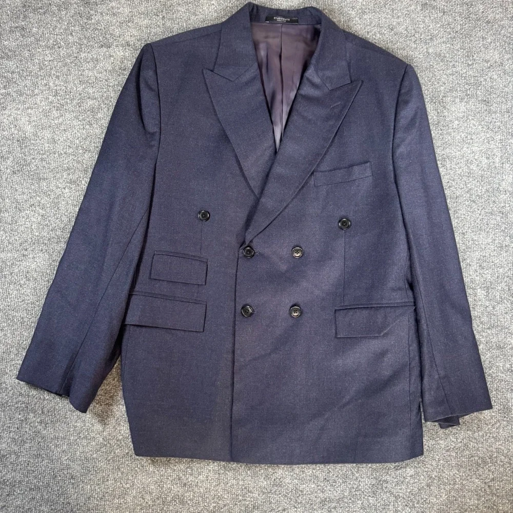 StudioSuits Men Double Breasted Suit Set Navy Blue Wool Pleated Pants 46R 41x29